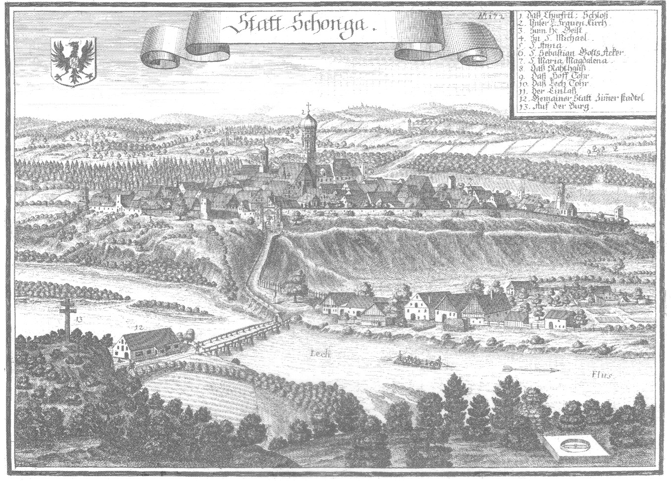 Schongau historische Stadtansicht 17. Jh. - Kupferstich von Michael Wening
